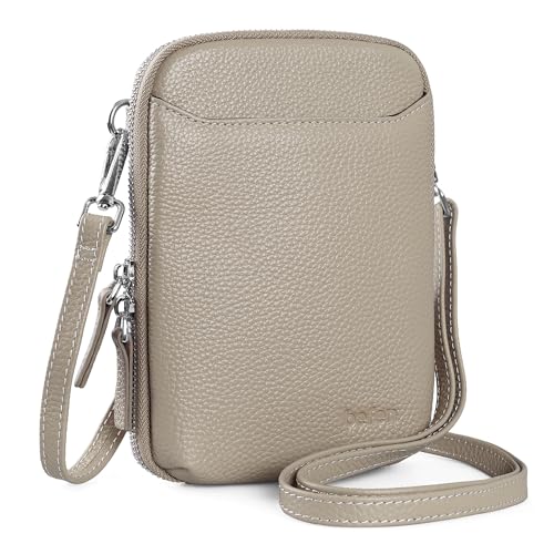 befen Genuine Leather Crossbody Cell Phone Purse for Women, Small Zip Around RFID Blocking Crossbody Wallet Bags - color: Milk Tea Gray