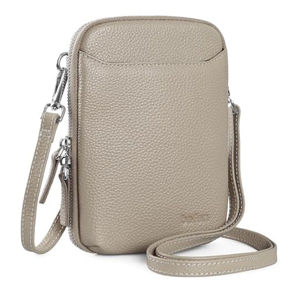 befen Genuine Leather Crossbody Cell Phone Purse for Women, Small Zip Around RFID Blocking Crossbody Wallet Bags - color: Milk Tea Gray