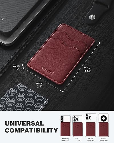 VULKIT Stick on Card Holder Compatible for iphone Leather Cell Phone Wallet Credit Card Case Strong Sticker for Women - color: Wine