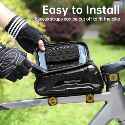 Bike Front Frame Bag Waterproof with Phone Mount Holder | 2 in1 EVA Bicycle Top Tube Bag, Waterproof, Rain Cover, TPU Touch Screen, Tool-Free, Sun Visor, Fits Road, Mountain, E-Bikes