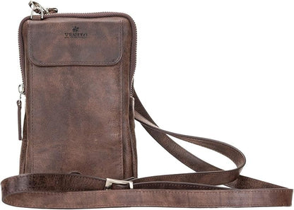 Ferrara Premium Leather Crossbody Phone Purse - Unisex Crossover Sling Shoulder Bag with Card Holder & Adjustable Strap - color: Dark Brown