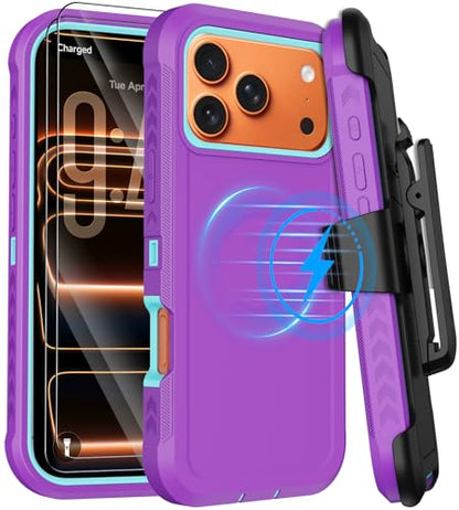 for iPhone 17 Pro Max Case with Belt Clip Holster,[Compatible with MagSafe]w/Screen Protector,Anti-Drop Shockproof Heavy Duty Protective Rugged Magnetic Phone Cover,with 360°Rotating Kickstand (Purple - color: Purple