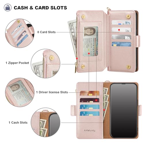 Antsturdy for iPhone 17 Pro Max Phone Wallet Case Women,Rose Gold | RFID Blocking,with Credit Card Holder Slots,PU Leather Purse,Zipper Pocket,Wrist Strap Kickstand,Flip Folio Cover for Men - color: Rose Gold