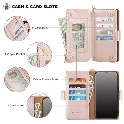 Antsturdy for iPhone 17 Pro Max Phone Wallet Case Women,Rose Gold | RFID Blocking,with Credit Card Holder Slots,PU Leather Purse,Zipper Pocket,Wrist Strap Kickstand,Flip Folio Cover for Men - color: Rose Gold