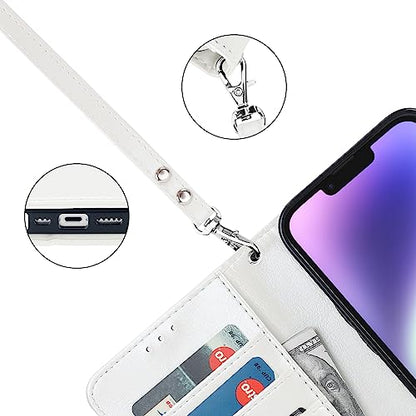 Bocasal Detachable Wallet Case Card Holder for iPhone 14, White | RFID Blocking Kickstand Card Slots Holder PU Leather Magnetic Shockproof Wrist Strap Removable Flip Protective Cover 6.1 inch - color: White