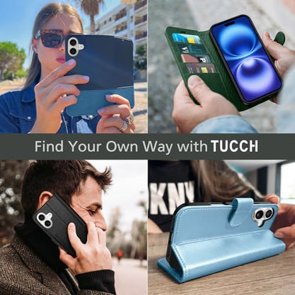 TUCCH Wallet Case for iPhone 16 (6.1") 2024, 4 Card Holders, Black | RFID Blocking, Viewing Stand, Shockproof TPU Shell, PU Leather, Magnetic Closure, Protective Folio Flip Cover - color: Black