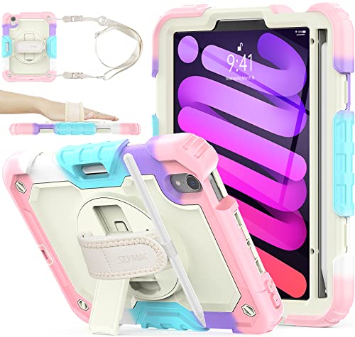 SEYMAC stock Case for iPad Mini 7 (A17 Pro)2024/ Mini 6 8.3'' with Screen Protector Pencil Holder [360 Rotating Hand Strap] &Stand, Drop-Proof Case for iPad Mini 7th/6th Generation 8.3",Yellowish+Pink - color: Yellowish+Pink