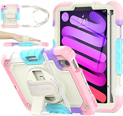 SEYMAC stock Case for iPad Mini 7 (A17 Pro)2024/ Mini 6 8.3'' with Screen Protector Pencil Holder [360 Rotating Hand Strap] &Stand, Drop-Proof Case for iPad Mini 7th/6th Generation 8.3",Yellowish+Pink - color: Yellowish+Pink