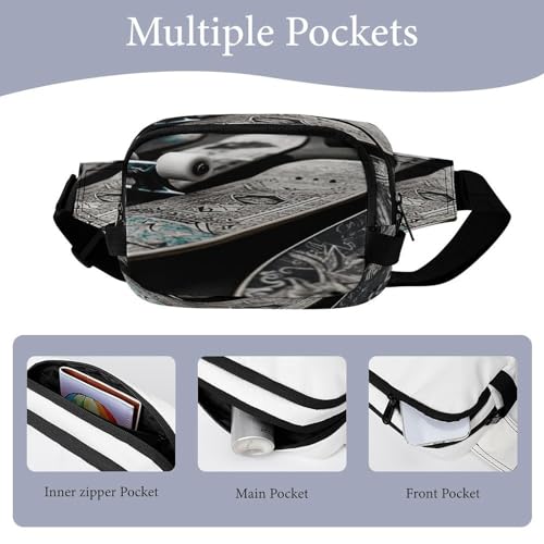 Skate Boards Fanny Packs for Women Men Double Layer Fashion Waist Pack Adjustable Belt Bag with Pockets Small Crossbody Bags for Running Hiking Workout Travel Daily Use