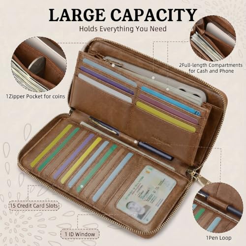 APHISON Wallet Women Large Capacity Clutch Purse For Ladies Card Holder RFID Wristlet Phone Zipper Coin Travel Pocket - color: 03-camel
