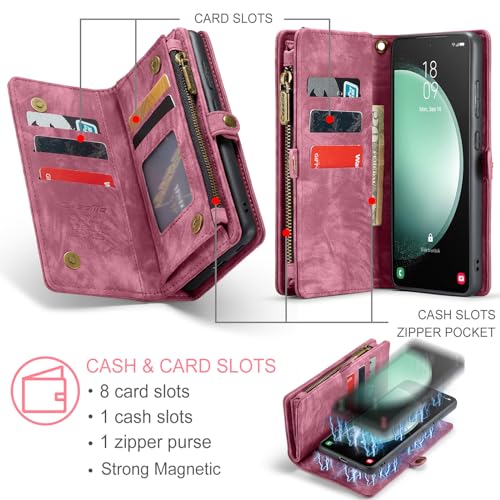 Compatible with Samsung Galaxy S23 FE Wallet Case,Zipper Folio Leather Case Wallet with Card Holder Strap Wristlet Detachable Magnetic Protective Back Case for Galaxy S23 FE 6.4 Inch(Red) - color: Red, size: S23 FE 5G 6.4 Inch