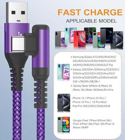 USB to USB C Cable Right Angle 3.1A Fast Charger Carplay 2Pack 6.6ft Purple - color: purple, size: 6.6ft+6.6ft
