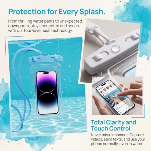 Waterproof Phone Pouch Case-[2 Pack][Easy Lock & Heavy Duty] IPX8 Water Proof Cell Phone Dry Bag for Beach,Swim Protector for iPhone 17 16 15 14 13 12 11 Pro Max Plus, Galaxy S25,7.2",White and Blue