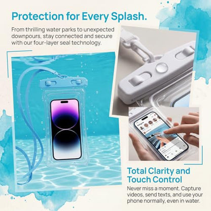 Waterproof Phone Pouch Case-[2 Pack][Easy Lock & Heavy Duty] IPX8 Water Proof Cell Phone Dry Bag for Beach,Swim Protector for iPhone 17 16 15 14 13 12 11 Pro Max Plus, Galaxy S25,7.2",White and Blue