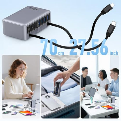 345W USB C Charger 10 in 1 Retractable Wall Charger with 2 Cables,GaN 6 USB C Charging Station Phone Charging PD Laptop Charger Adapter for MacBook Pro/Air,DELL,iPhone17/16/15,Galaxy S24,Android etc - color: Sliver, size: 345W