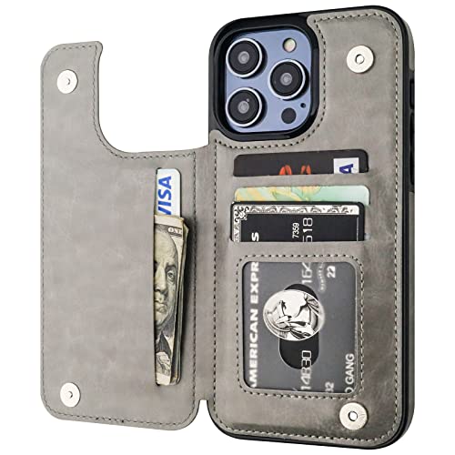 ONETOP for iPhone 14 Pro Max Wallet Case with Credit Card Holder,Gray | Kickstand,ID/Cash Holder,Case Wallet with Card Slots,Double Magnetic Clasp,Durable PU Leather Shockproof Cover for Women Men - color: Gray