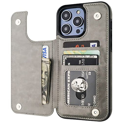 ONETOP for iPhone 14 Pro Max Wallet Case with Credit Card Holder,Gray | Kickstand,ID/Cash Holder,Case Wallet with Card Slots,Double Magnetic Clasp,Durable PU Leather Shockproof Cover for Women Men - color: Gray
