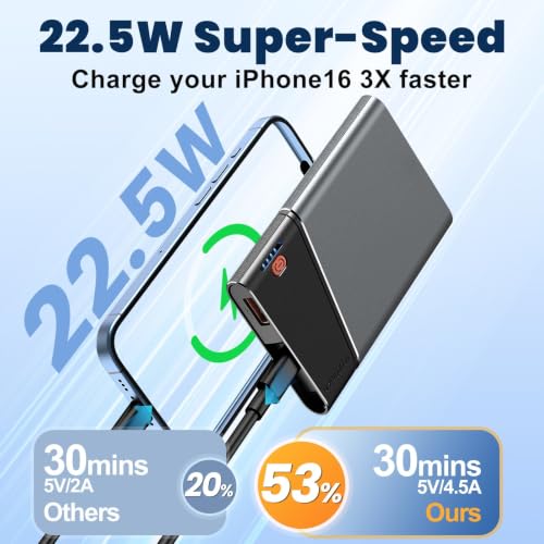 Aaoyun 10000mAh Portable Power Bank, 22.5W PD Fast Charging Battery Pack with Built-in USB-C Cable, Ultra-Slim External Phone Charger for iPhone 17/16/15, Samsung Galaxy S24, Android (Grey) - color: Grey