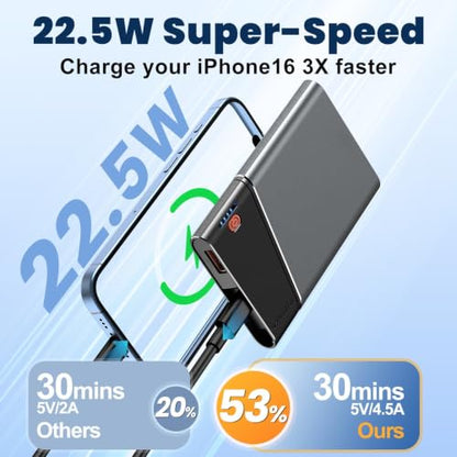 Aaoyun 10000mAh Portable Power Bank, 22.5W PD Fast Charging Battery Pack with Built-in USB-C Cable, Ultra-Slim External Phone Charger for iPhone 17/16/15, Samsung Galaxy S24, Android (Grey) - color: Grey