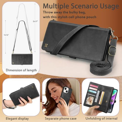 for Wallet Case Compatible with iPhone 14,Multi-Function Detachable 2 in 1 Magnetic iPhone 14 Case Wallet,Flip Strap Zipper Card Holder Phone Case with Shoulder Straps(Darkgray) - color: DarkGray, size: iPhone 14