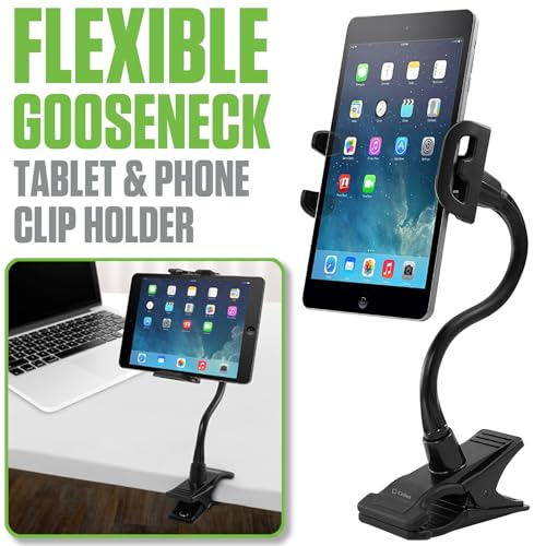 Gooseneck Flexible Cell Phone Holder and Tablet Mount with Clamp. Clip-On Stand for Bedroom Desktop Kitchen Office Car Compatible for iPad Pro Air Mini, Galaxy Smartphones iPhones, Google Pixels