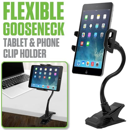 Gooseneck Flexible Cell Phone Holder and Tablet Mount with Clamp. Clip-On Stand for Bedroom Desktop Kitchen Office Car Compatible for iPad Pro Air Mini, Galaxy Smartphones iPhones, Google Pixels
