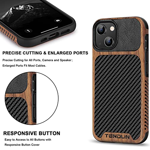 TENDLIN Compatible with iPhone 14 Case Wood Grain with Carbon Fiber Texture Design Leather Hybrid Slim Case Black - color: Black, size: iPhone 14
