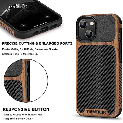 TENDLIN Compatible with iPhone 14 Case Wood Grain with Carbon Fiber Texture Design Leather Hybrid Slim Case Black - color: Black, size: iPhone 14