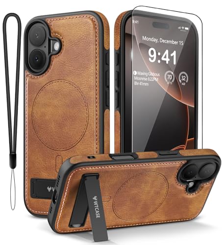 WTCASE Magnetic for iPhone 17 Leather Case,Built-in Invisible Stand [Compatible with Magsafe] Protective Slim Kickstand Phone Cover for iPhone 17 Case, Brown - color: Brown, size: iPhone 17