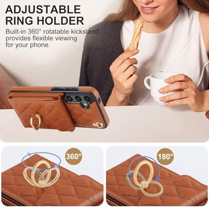 Phone Case for Samsung Galaxy S24 5G Wallet Cover with Tempered Glass Screen Protector Crossbody Wrist Strap Ring Stand RFID Blocking Credit Card Holder Cell S 24 24S G5 SM-S921U Women Men Girls Brown - color: Brown