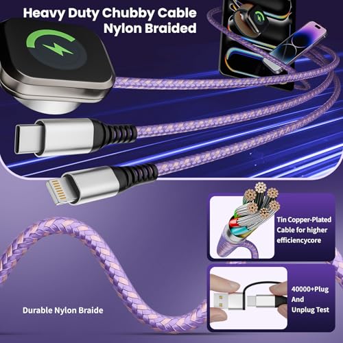 Travel Essentials 3 in 2 Multi Charging Cable for Apple Watch Charger, 5FT - color: Purple, size: 1Pack5FT