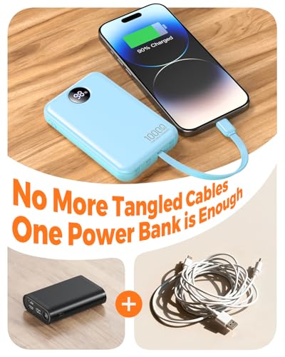 Portable Charger 10000mAh with 4 Built-in Cables 40% Smaller - color: Light Blue