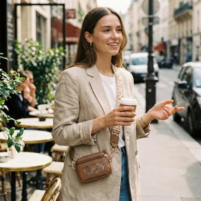 Clip and Go strap for phone with Leather Wallet crossbody phone - color: Khaki