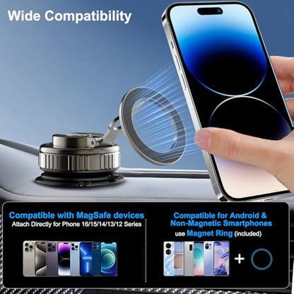 Magnetic Phone Holders for Your Car, [80+LBS Strongest Suction & 2400gf Magnetic] 360° Adjustable Vacuum Suction Cup Car Cell Phone Holder Mount Compatible for MagSafe iPhone Android Phone