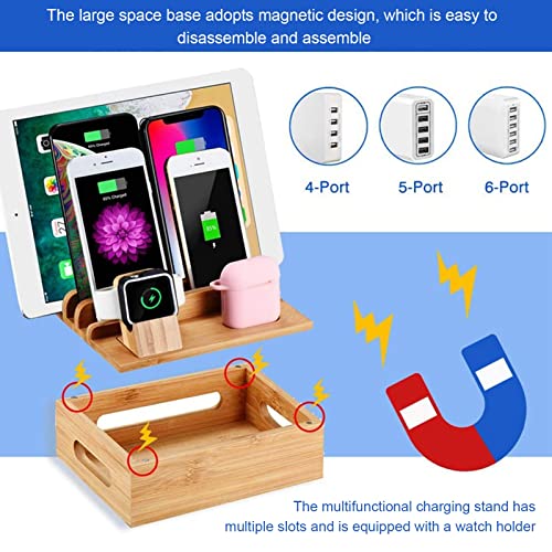Bamboo Multi Device Charging Station Organizer for Phone, Tablet and Watch, Compact Charging Dock Stand