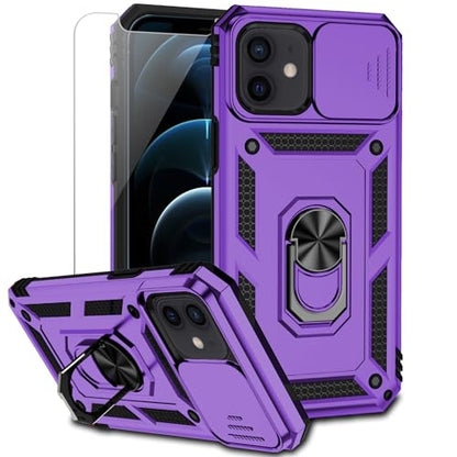 for iPhone 12 Mini Case with Camera Lens Cover HD Screen Protector, Dual Layer Military Grade Drop Protection Magnetic Ring Holder Kickstand Protective Phone Case for iPhone 12 Mini 5.4 inch (Purple) - color: Purple with camera cover Military-Grade 2nd ge