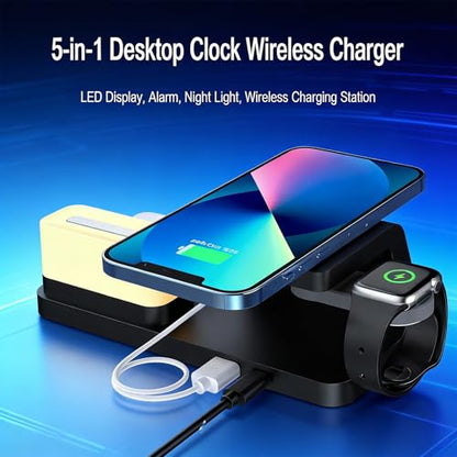 3-in-1 Wireless Charging Station with Digital Clock & Night Light, 15W Fast Qi-Certified Charger for Phones, Smartwatches & Earbuds | Charges 3 Devices Simultaneously, HT309 Black. - color: Multifunctional Alarm Clock Ht309 Black
