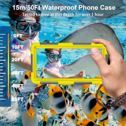 Waterproof Phone Case, Underwater Snorkeling Diving Case for iPhone 17/16/15/14/13 Series Galaxy S25/S24/S23 S22, 50Ft Professional Underwater Phone Case for Photo & Video, Yellow | Underwater Use, Phone Protection
