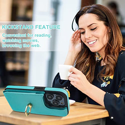 Folosu Compatible with iPhone 14 Pro Case Wallet with Card Holder, 360°Rotation Finger Ring Holder Kickstand, RFID Blocking Leather Protective Double Buttons Shockproof Cover 6.1 Inch Green - color: Mint Green, size: iPhone 14 Pro