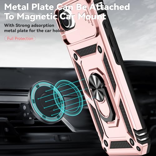 for iPhone 17E / iPhone 16E Case, with Camera Lens Cover HD Screen Protector, Dual Layer Military-Grade Drop Tested Magnetic Ring Holder Kickstand Protective Phone Case for iPhone 16E /17E (Rose Gold) - color: Rose Gold with camera cover Military-Grade 2n