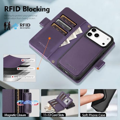 Antsturdy Compatible with MagSafe iPhone 17 Pro Wallet Case,Purple | Detachable Magnetic Credit Card Holder,RFID Blocking,PU Leather Zipper Purse,Wrist Strap Kickstand,Flip Phone Cover for Women - color: (Detachable with Magsafe)-Purple