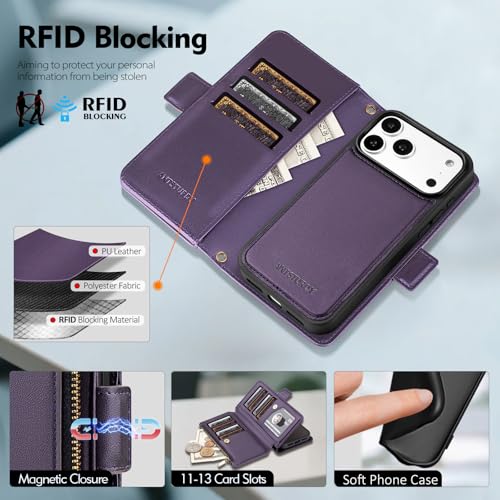 Antsturdy Compatible with MagSafe iPhone 17 Pro Max Wallet Case,Purple | Detachable Magnetic Credit Card Holder,RFID Blocking,PU Leather Zipper Purse,Wrist Strap Kickstand,Flip Phone Cover for Women - color: (Detachable with Magsafe)-Purple