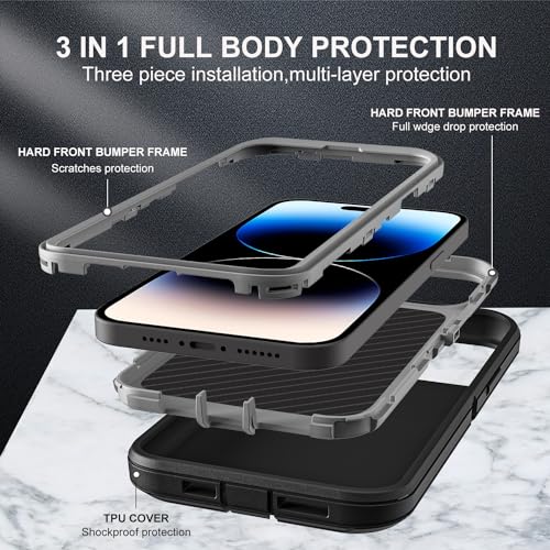 YKHJKLEC for iPhone 14 Pro Case, Military Grade 3 in 1 Heavy Duty Shockproof/Drop Proof/Dust Proof Case with 2Pcs Tempered Glass Screen Protector (Black/Grey) - color: Black/Grey