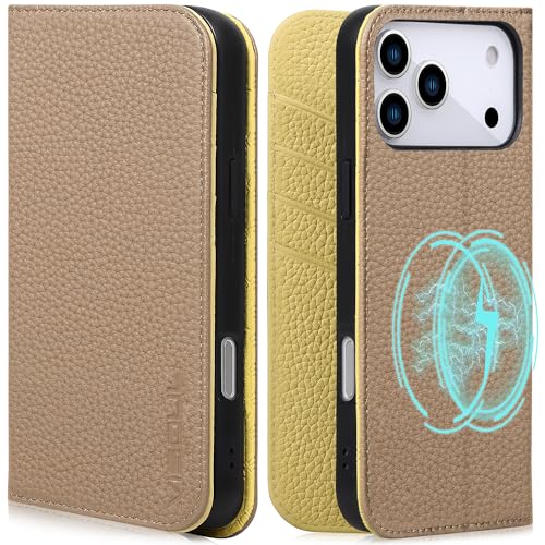 VISOUL Pebbled Leather Wallet Case for iPhone 17 Pro Max 6.9" 2025, Genuine Leather Flip Folio Cover with RFID Blocking Card Holders, Kickstand, Soft TPU Protective Flip Cover -Light Gray+Yellow - color: Light Gray+Yellow