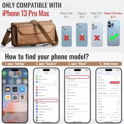 Strapurs Wallet Case Compatible with iPhone 13 Pro Max RFID Blocking 10-Card Holder Soft PU Leather Magnetic Snap Shoulder Strap Zipper Pocket Phone Case Fit for iPhone 13 Pro Max - Brown | RFID Blocking 10-Card Holder, Shoulder Lanyard, Wirst Strap, Zipp