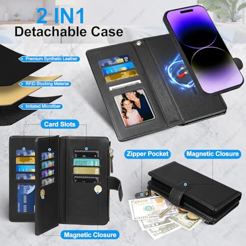 Magnetic Case for iPhone 16 Pro Max Wallet Compatible with Magsafe RFID Blocking Card Holder Detachable Phone Cover Kickstand Snap Strap Zipper Pocket PU Leather 6.9 inch 2024 (Black) - color: Black, size: iPhone 16 Pro Max