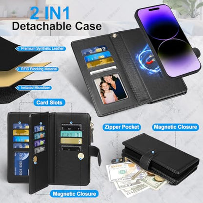 Magnetic Case for iPhone 16 Pro Max Wallet Compatible with Magsafe RFID Blocking Card Holder Detachable Phone Cover Kickstand Snap Strap Zipper Pocket PU Leather 6.9 inch 2024 (Black) - color: Black, size: iPhone 16 Pro Max