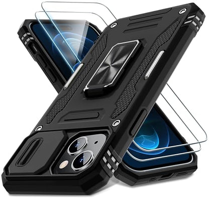 DEERLAMN Case for iPhone 15 with Slide Camera Cover + Screen Protector (2 Packs), Rotated Ring Kickstand Military Grade Shockproof Protective Cover-Black - color: Black