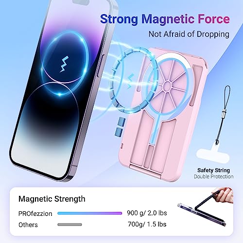 PROfezzion Double Sided Magnetic Phone Card Holder Wallet for MagSafe, Pink | RFID Blocking, Compatible with iPhone 17 16 15 14 13 12 Pro Max Plus, Holds 4-Cards, Secure Snap Latch, Adjustable Stand - color: PINK