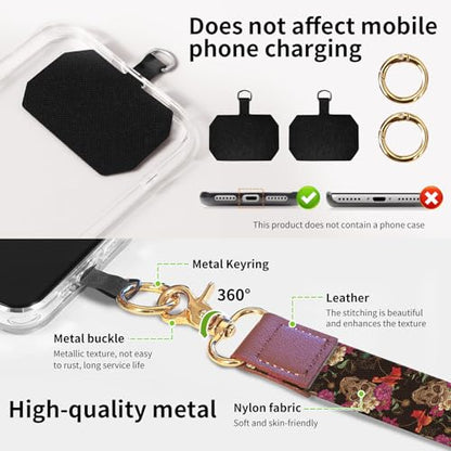 Phone Lanyard Crossbody Wrist Strap, Universal Adjustable Neck Strap for Phone Case Keys ID Badges, Travel Essential - color: Luxury Flower Skulls